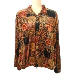 JOAN LESLIE Velvet Leopard Patchwork Jacket Women's L Athleisure Track Vtg Y2K